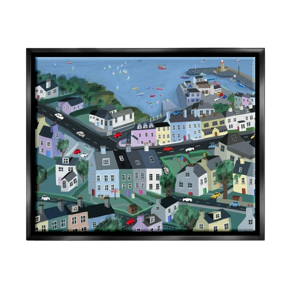 Stupell Industries Port Town Neighborhood Houses Graphic Art Jet Black Floating Framed Canvas Print Wall Art, Design by Carla Daly