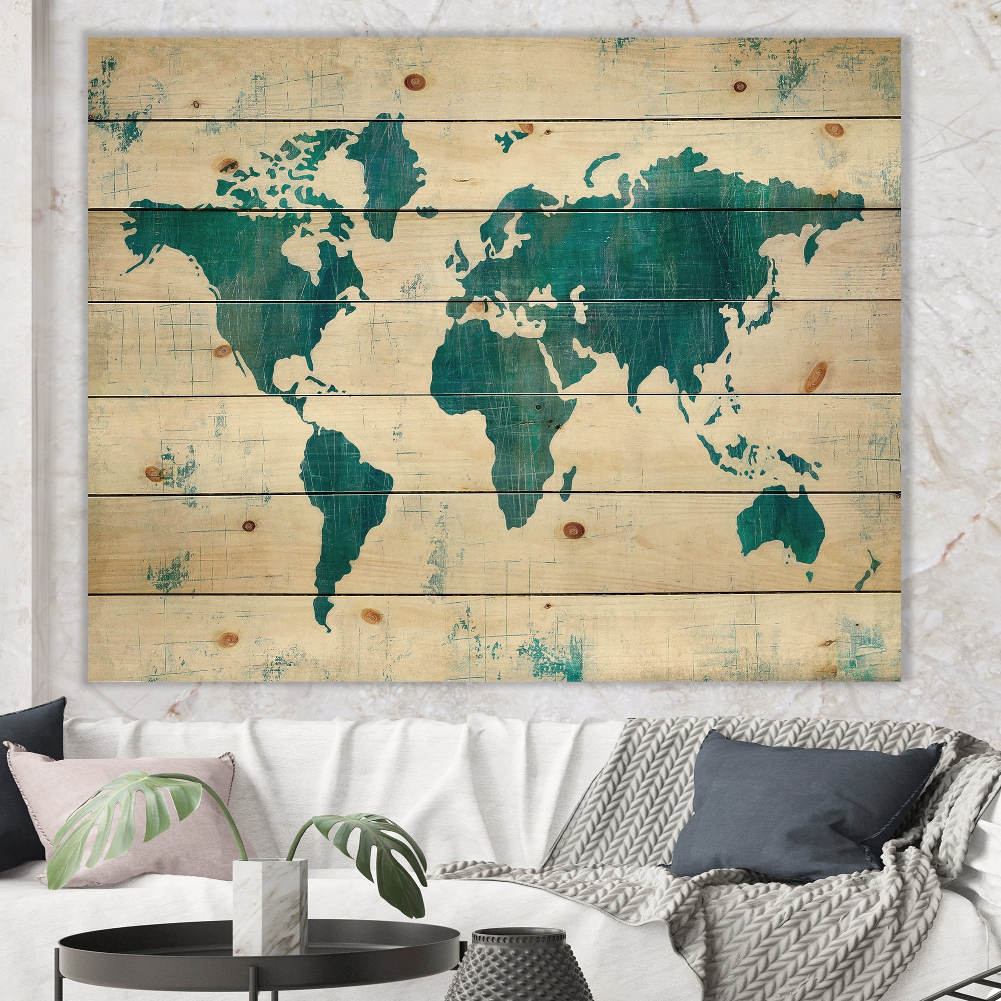 Designart 'Discover the World Map in Blue' Traditional Print on Natural Pine Wood