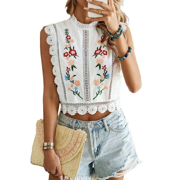 Women'S Floral Embroidery Lace Trim Blouse Mock Neck Sleeveless Holiday Crop Tops White XL