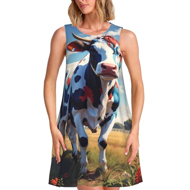 Easygdp Colorful Cow Pasture para Vestido Transpirable de Mujer, Vestido Suelto de Manga Corta con Pliegues y Bolsillos para el Verano