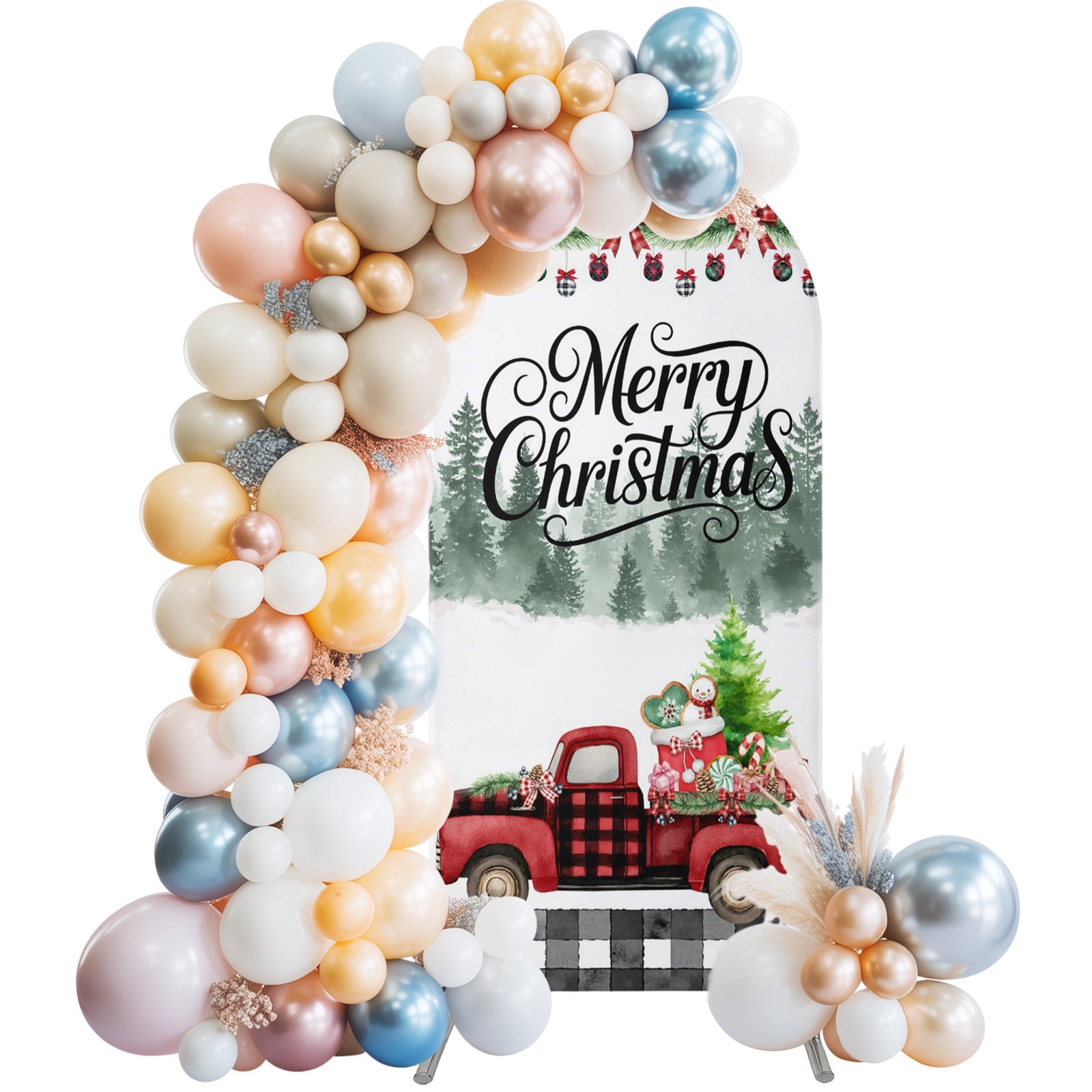 Christmas Trees Trucks Black White Plaid Wedding Arch Cover 5Ft Wedding Arch Backdrop Stand Cover Round Top Chiara Backdrop Covers for Birthday Party Bridal Shower Banquet Decor