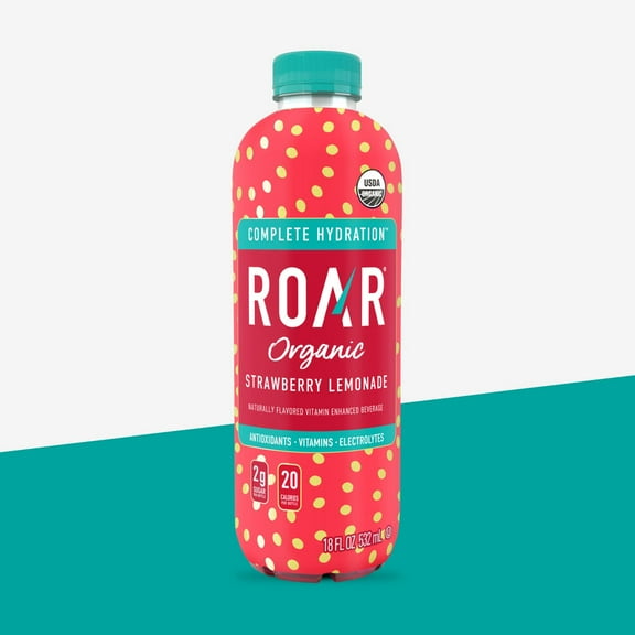 Pack of 12, Roar Organic Strawberry Lemonade Hydration Beverages, 18 fl oz