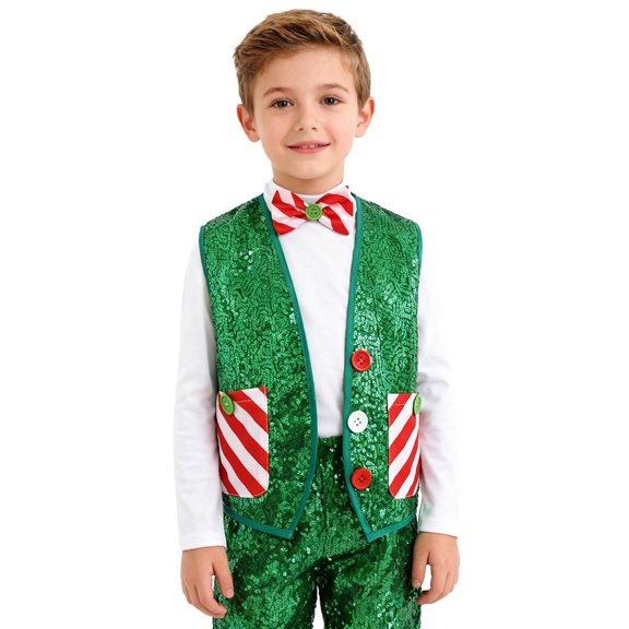 YiZYiF Boys Sparkle Sequins Christmas Vest Waistcoat with Bow Tie for Jazz Dance Xmas Theme Party Green 16
