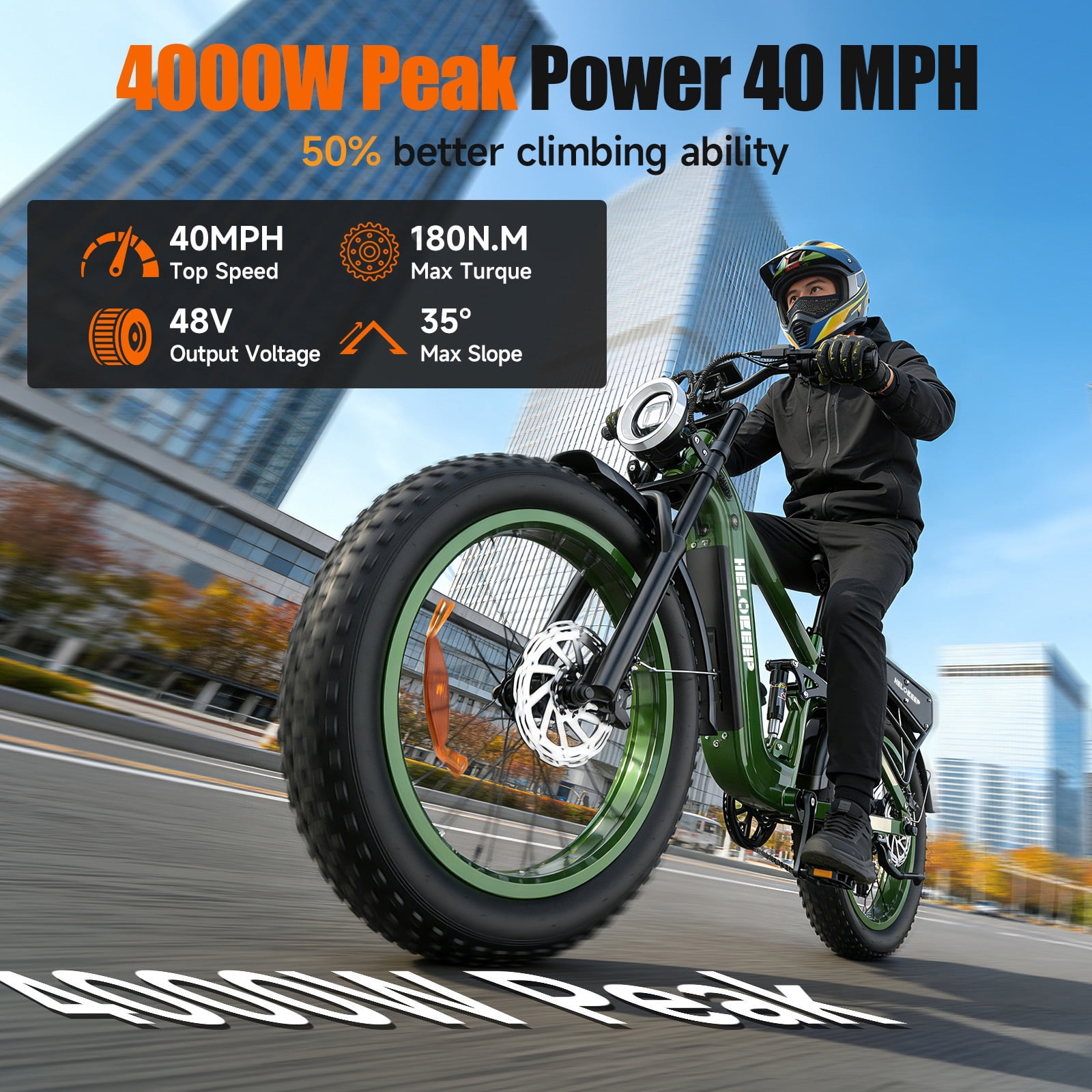 Helokeep 26" Green Fat Tire High Performance Cargo Electric Bike for Men, 4000W Peak 2000W, 40MPH, 48V 25Ah UL2849 Off-Road Ebike