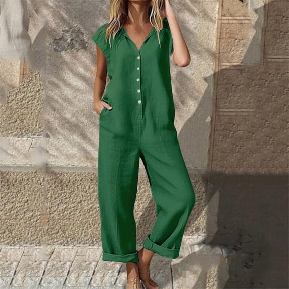 Kilaqueen Cotton Linen Jumpsuits for Women Dressy Summer Cap Sleeve Wide Leg Boho Rompers Casual Loose Button Down Overalls with Pockets