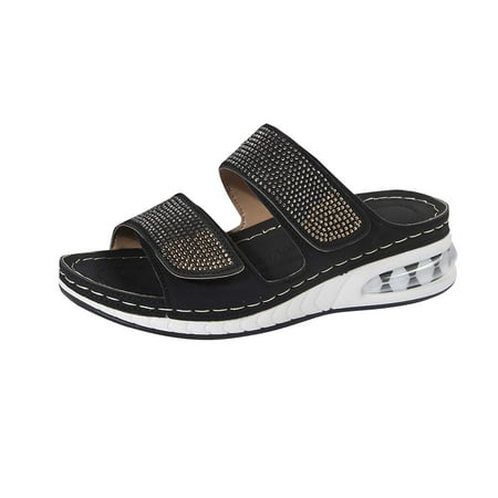 

CHOII 50% off Clearance Women s Solid Color Elevated Cushion Casual Beach Sandals Women s Shoes Velcro Thong Sandals for Ladies Anti-slip Sole Cushionaire Sandals Summer Sandals for Women 2024 Black/6