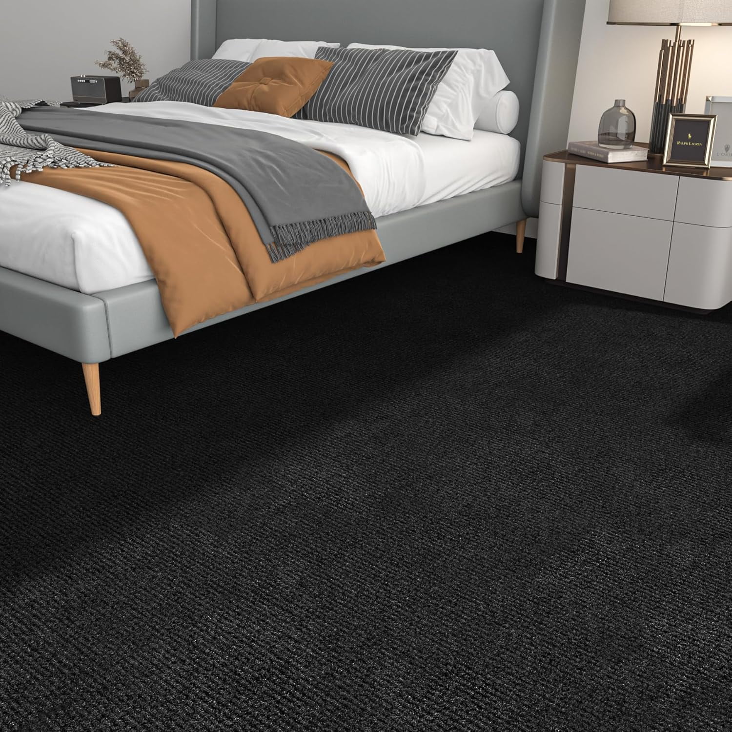 24"x160" Large Black Carpet Roll with Padding Attached for Bedroom Living Room Outdoor Washable Rug Tiles Non Slip Soft Padded Carpet Tile Squares Peel and Stick Floor Tile for Kitchen Stairs