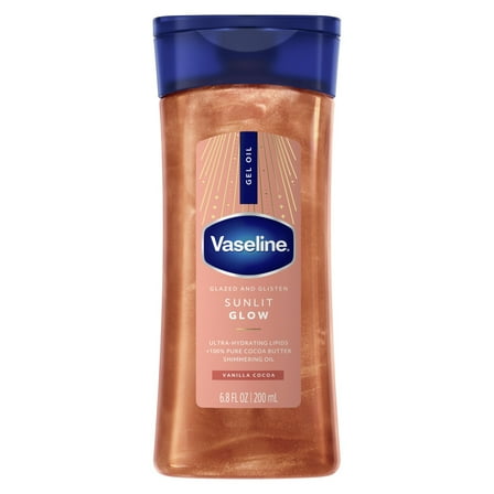 Vaseline Glazed & Glisten Shimmering Body Gel Oil Sunlit Glow, with Vanilla & Cocoa Butter, 6.8 oz