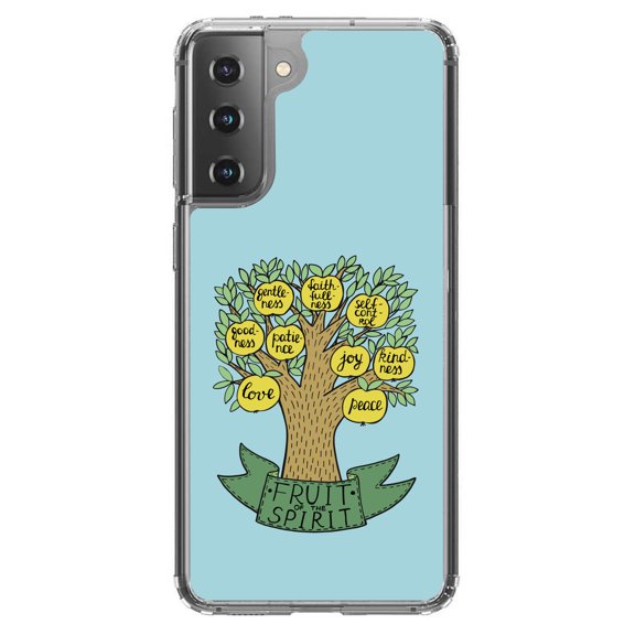 DistinctInk Clear Shockproof Hybrid Case for Galaxy S21  PLUS 5G (6.7" Screen) - TPU Bumper, Acrylic Back, Tempered Glass Screen Protector - Fruit of the Spirith - Tree - Yellow Teal