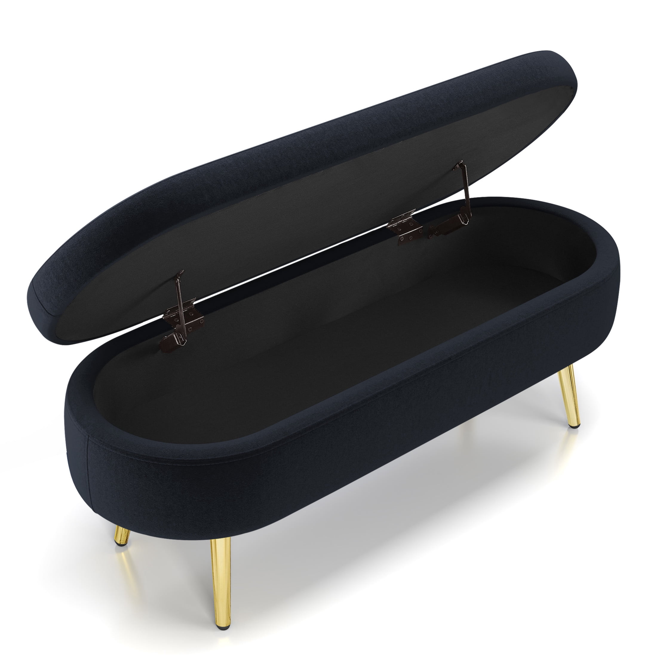 Noble House Dyani 43" Oval Flannel Storage Ottoman Bench, Upholstered Footrest with Metal Legs, Black