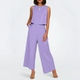 thumbnail image 3 of Conjunto de dos piezas de lino de color liso para mujer: top corto sin mangas con botones y pantalones de pierna ancha, tejido transpirable para el verano, 3 of 8