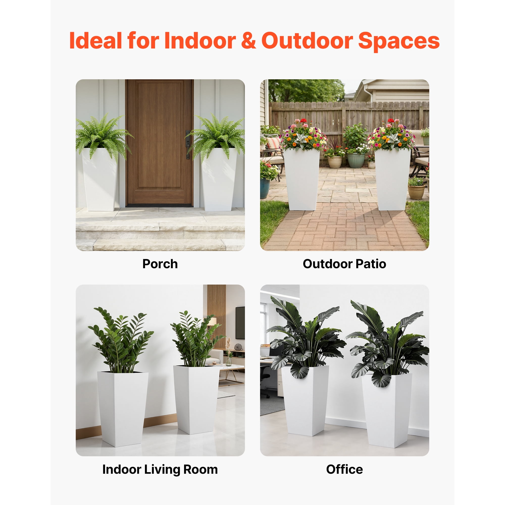 KFFKFF Set of 2 Tall Planters, 30in Large Outdoor and Indoor Tapered Plant Pots with Casters, Inner Pot, and Drainage Holes for Patio, Garden, and Front Porch, White