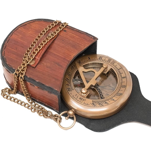 Brass Sundial Working Compass With Leather Case