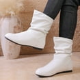 thumbnail image 4 of Rokment Slouchy Wide Mid Calf Boots for Women with Low Heels Vintage Fashion Casual Leather Round Toe Slip on Short Dress Booties White Size 6, 4 of 7
