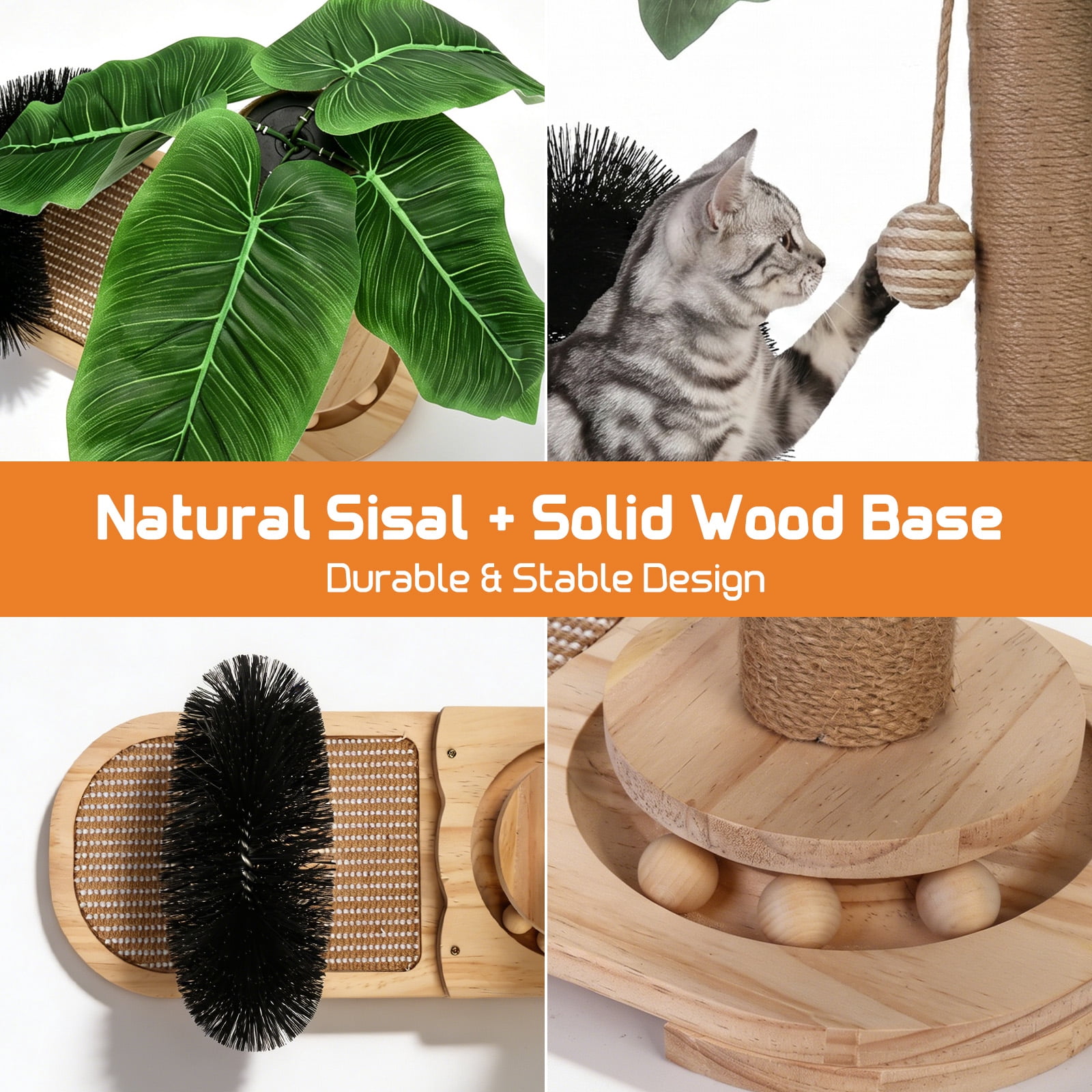 Wooden Cat Scratcher with Sisal Scratching Post, Cat Activity Center with Grooming Brush and Hanging Toy, Small Cat Tree for Indoor Cats and Kittens