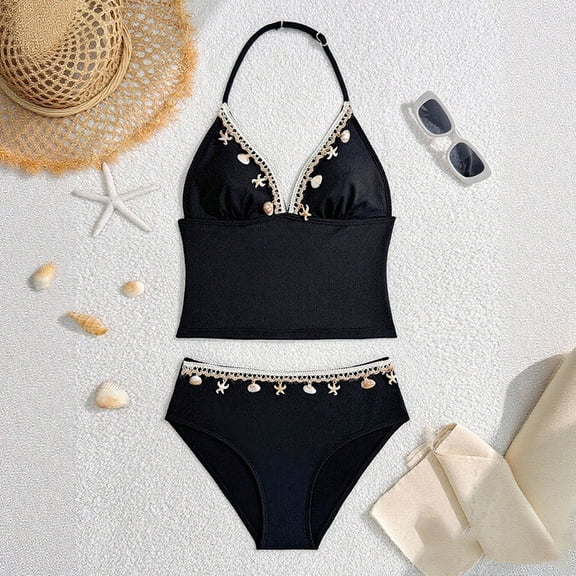 Girls Bikini Swimsuit Two Piece Triangle Top Neck With Beach Pool Party Wear(Black,15-16 Years)