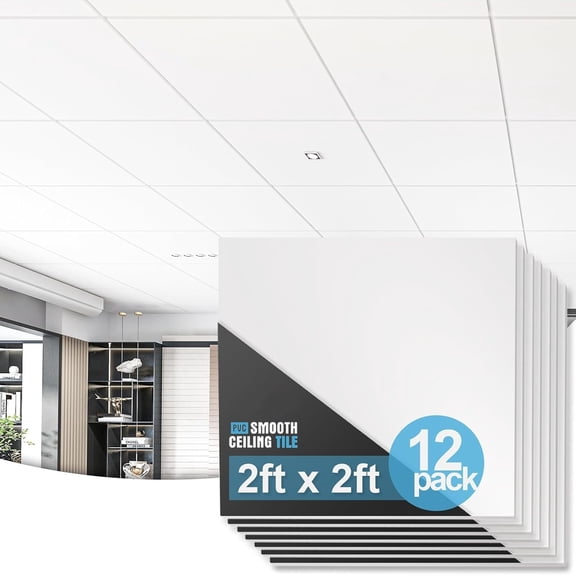 12-Pack Smooth Drop Ceiling Tile 2ft x 2ft - Fire-Rated, Waterproof, Reusable - Premium PVC, No Sag and Breakage - Cover 48 Sq. Ft, White