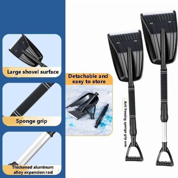 Detachable Snow Pusher & Shovel with Telescoping Handle, Wide Thickened Blade for Driveway & Car Snow Removal, Lightweight Push Shovel, Winter Emergency Tool