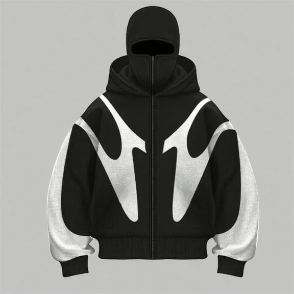 Dwelliawo Mens Balaclava Hoodie with Mask Warm Face Fashion Double Layered Hoodies with Eye Mask Built In Hip Hop Zip Up Y2k Clothing for Men and Women Black L