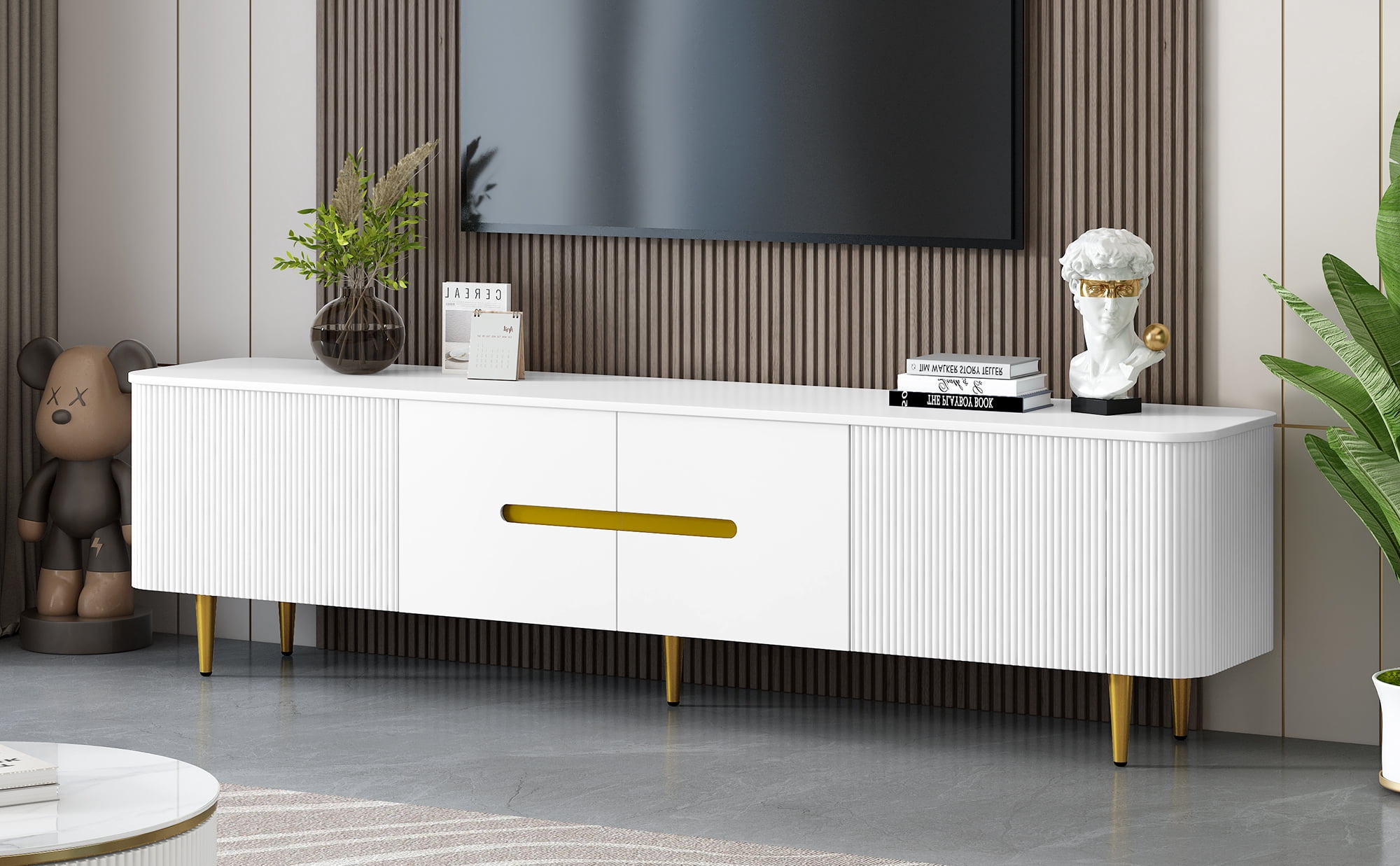 Euroco Modern Minimalist TV Stand with 4 Cabinets and Gold Metal Legs