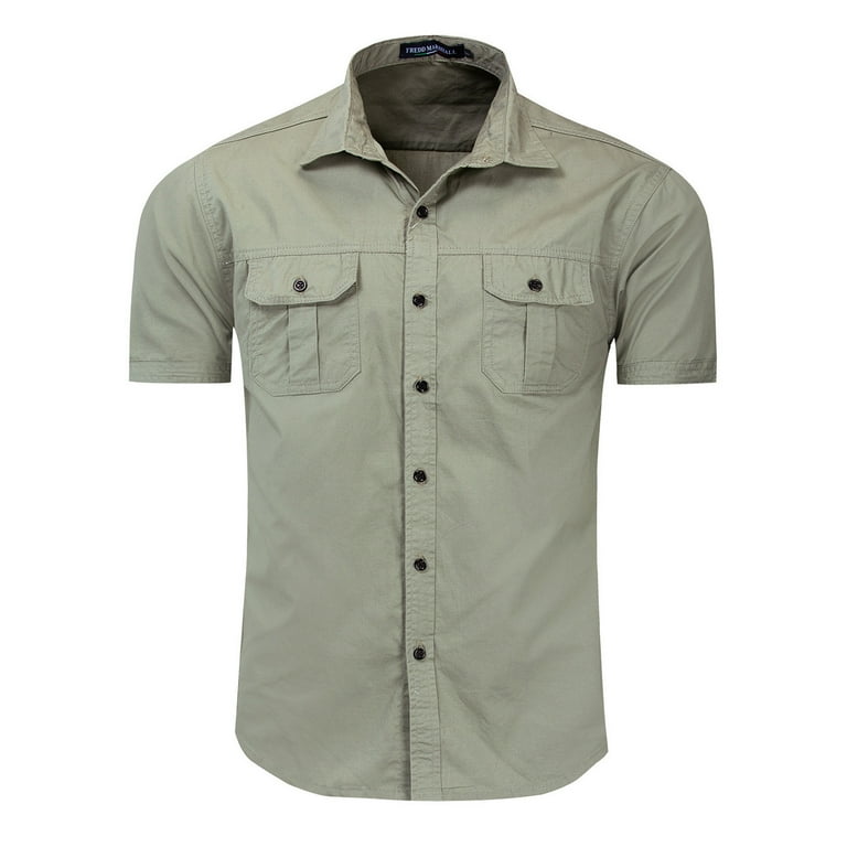 ZIZOCWA Tight Neck T Shirts Men Large Men'S Shirts Men'S Sun Proof Hiking Fishing  Shirt Short Sleeve Outdoor Cool Cargo Button Shirts with Pocket GreenL 