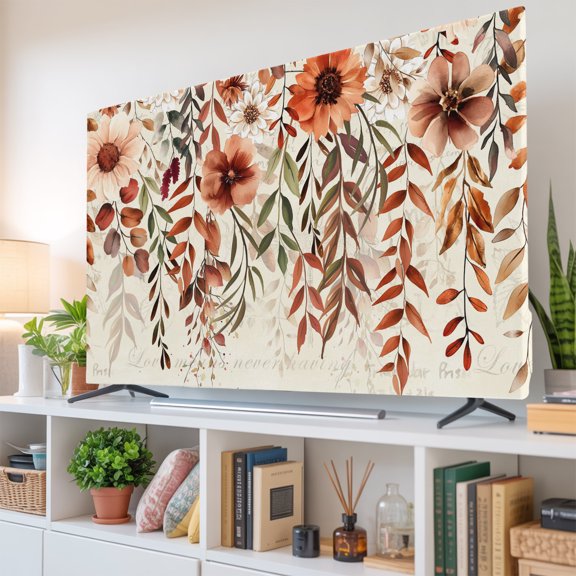 Indoor Elastic TV Cover for 32 Inch Flat Screen TVs,Thanksgiving Flower Leaf Stretch TV Screen Protector Smart Television Protection Covers TVs Enclosure,Autumn Plant on Retro Back