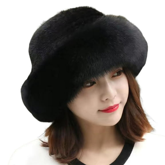 rygai Women Hat Solid Color Fluffy Thickened Ear Protection Dome Winter Coldproof Elegant Russian Hat Faux Fur Headband Streetwear,Black