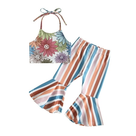 

Arvbitana Toddler Girl Pants Suit 6M 12M 18M 24M 3T 4T Sleeveless Hanging Neck Floral Print Vest + Striped Long Bell-Bottoms Trousers 2Pcs