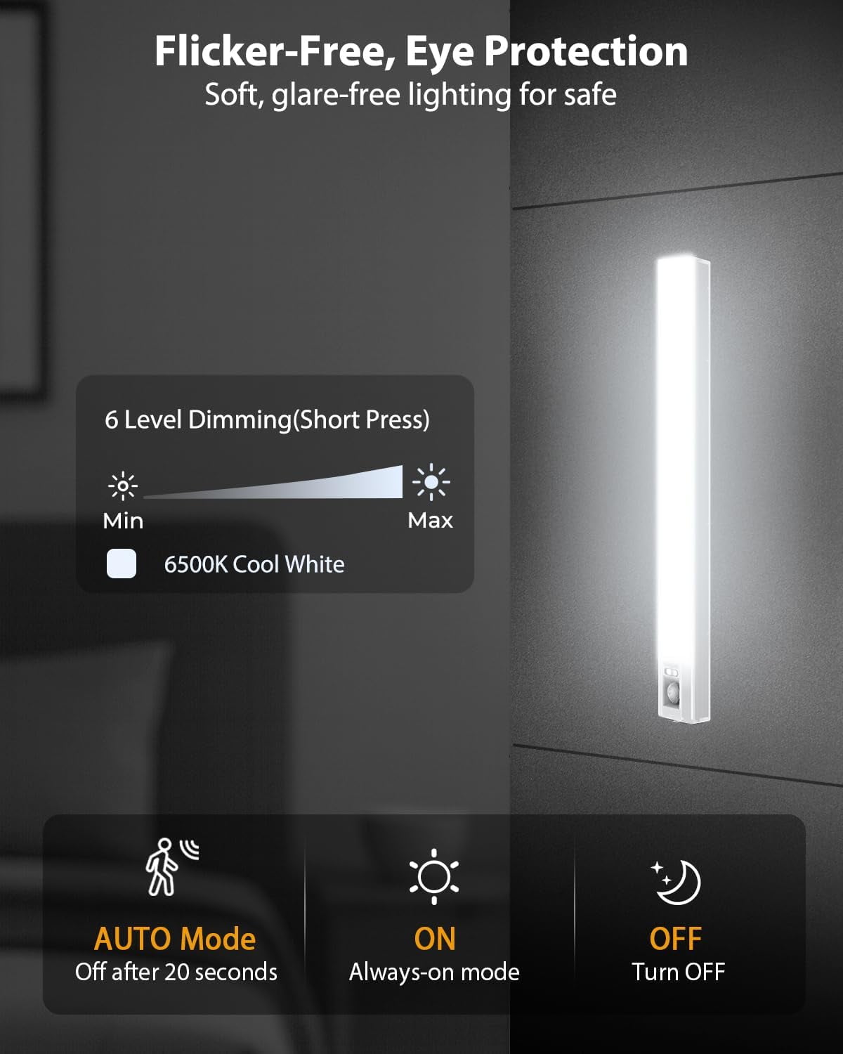 10inch Under Cabinet Lighting, 68 LED Rechargeable Motion Sensor Light Indoor, 6 Levels Dimmable Magnetic Closet Lights, Wireless Counter Lights for Kitchen, Stairs, Bedroom, 4-Pack Daylight