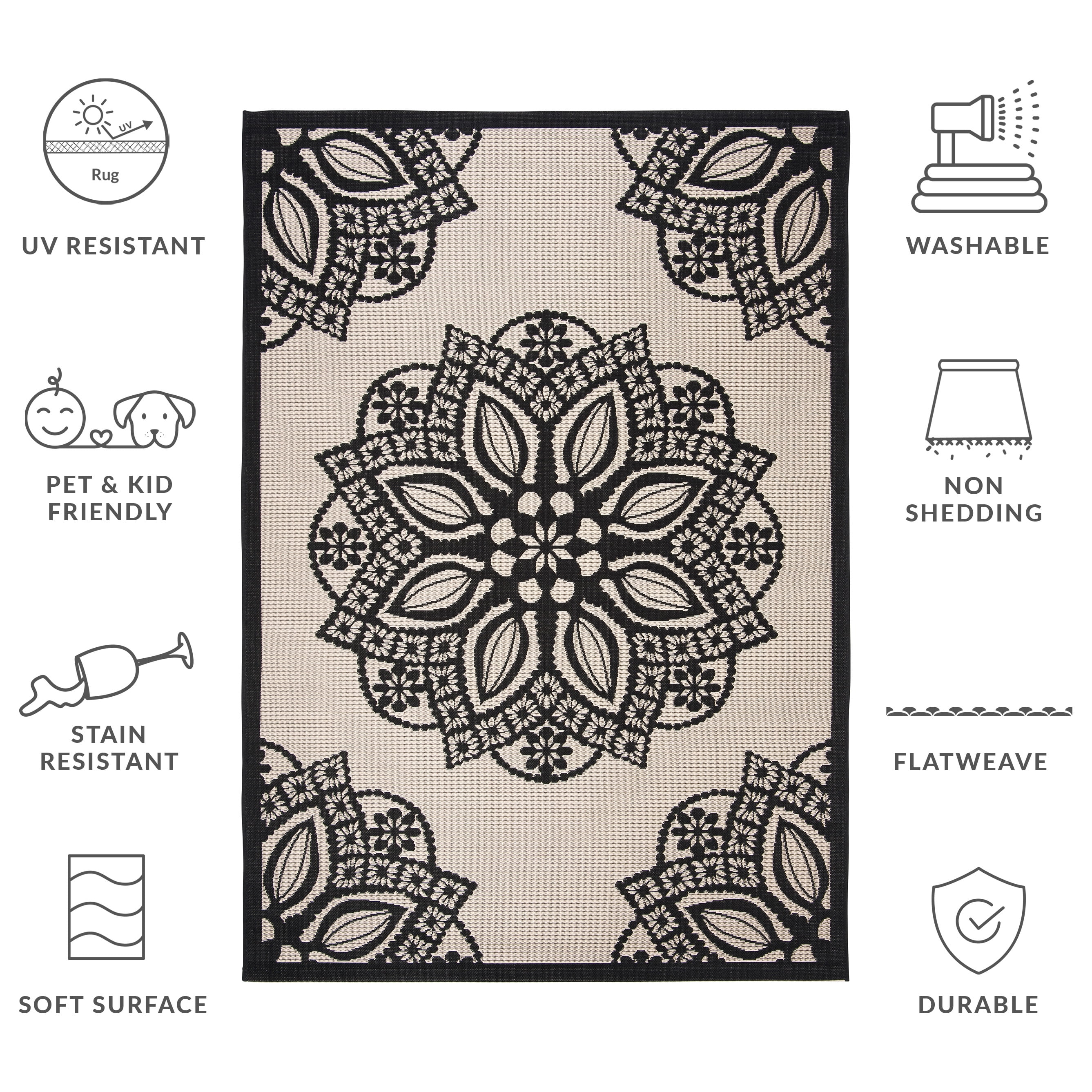 Safavieh Courtyard Millicent Medallion Indoor/Outdoor Area Rug, Beige/Black, 4' x 5'7"