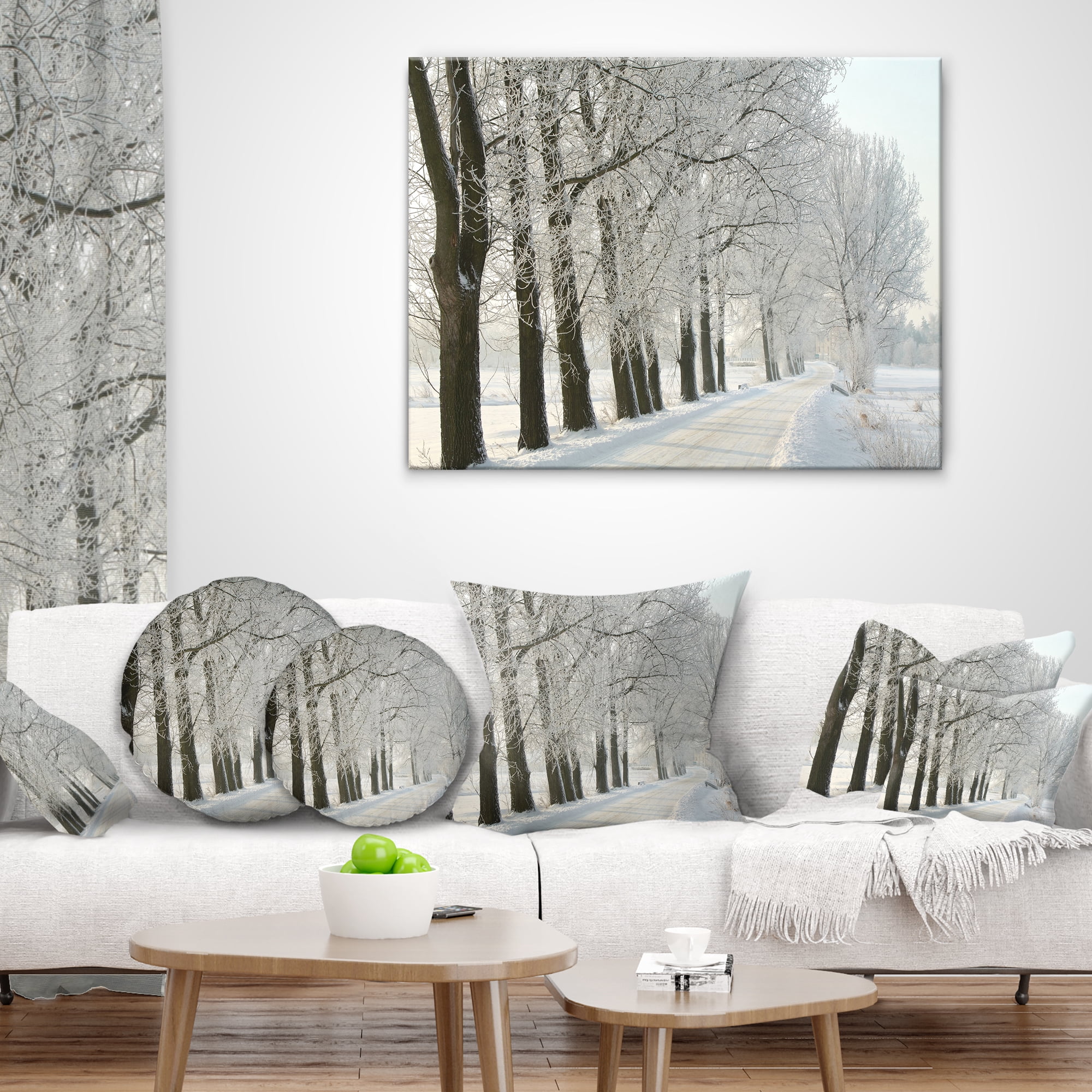Designart Winter Rural Road at Sunrise - Forest Throw Pillow - 18x18