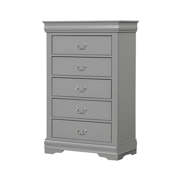 Ryla Tall Dresser Chest, 5 Drawers, Metal Handles, Light Gray Solid Wood