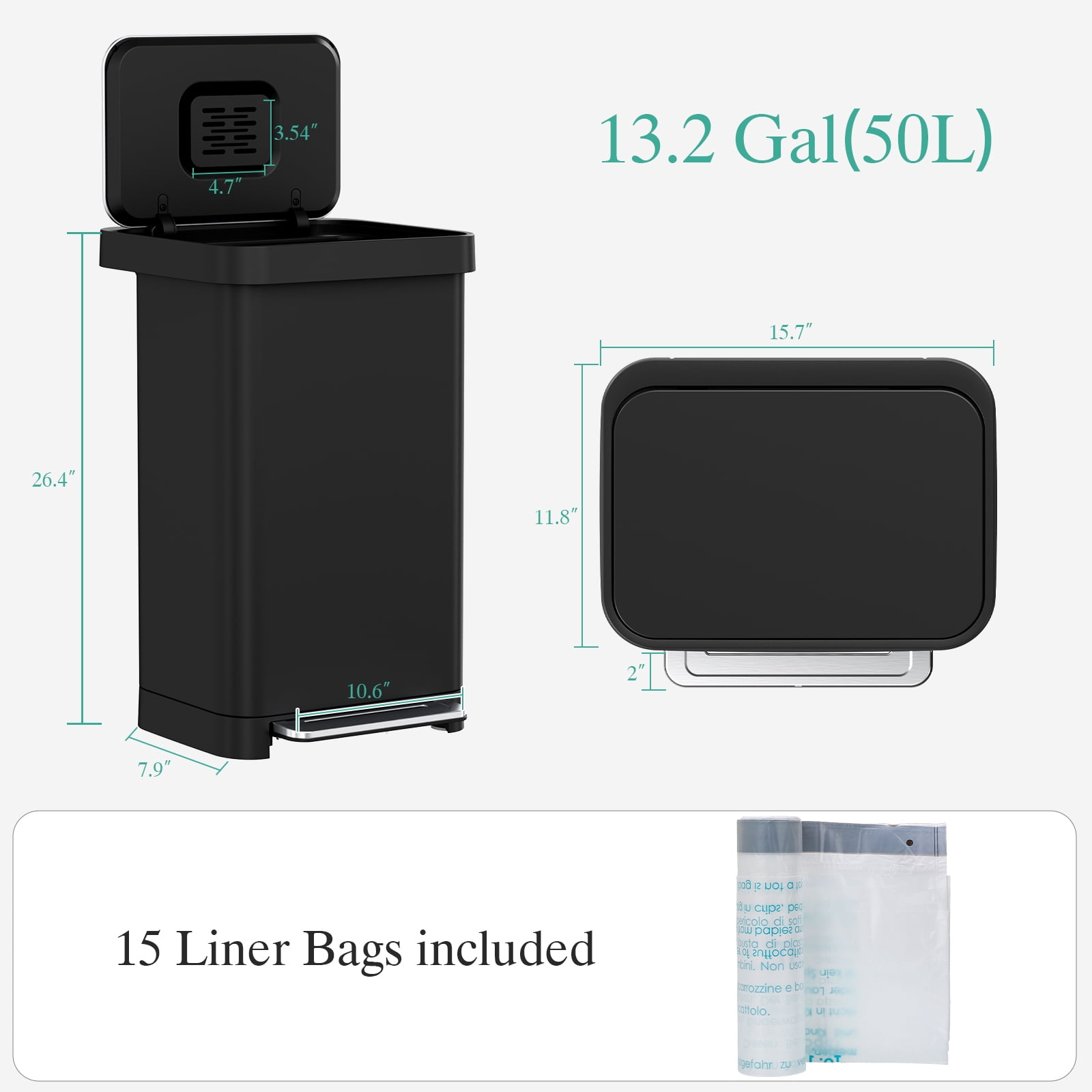 Pirecart 13.2 Gal Large Capacity Stainless Steel Trash Can, Soft Lid Pedal Rubbish Bin with Built-In Deodorizer Box, 15 Inner Bags and Rear Trash Bag Storage Compartment, Black