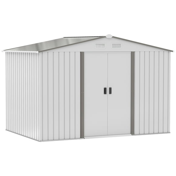 Outsunny 9' x 6' Garden Storage Shed with Floor Foundation, Metal Tool Storage House with Double Doors for Outdoor Patio Yard, Silver