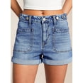 thumbnail image 4 of EMMIOL Women's Mid-Rise Stretchy Denim Hot Shorts Y2K Vintage Washed Rolled Hem Jean Shorts with Adjustable Waist and Patch Pockets, 4 of 9