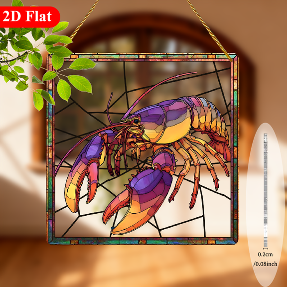 Vintage Stained-like Lobster Wall Art Decor - Purple, orange, blue, green, pink underwater scene - Window Hanging for Home, Office, Coastal or Aquarium Themed Decor - Birthday, Halloween,