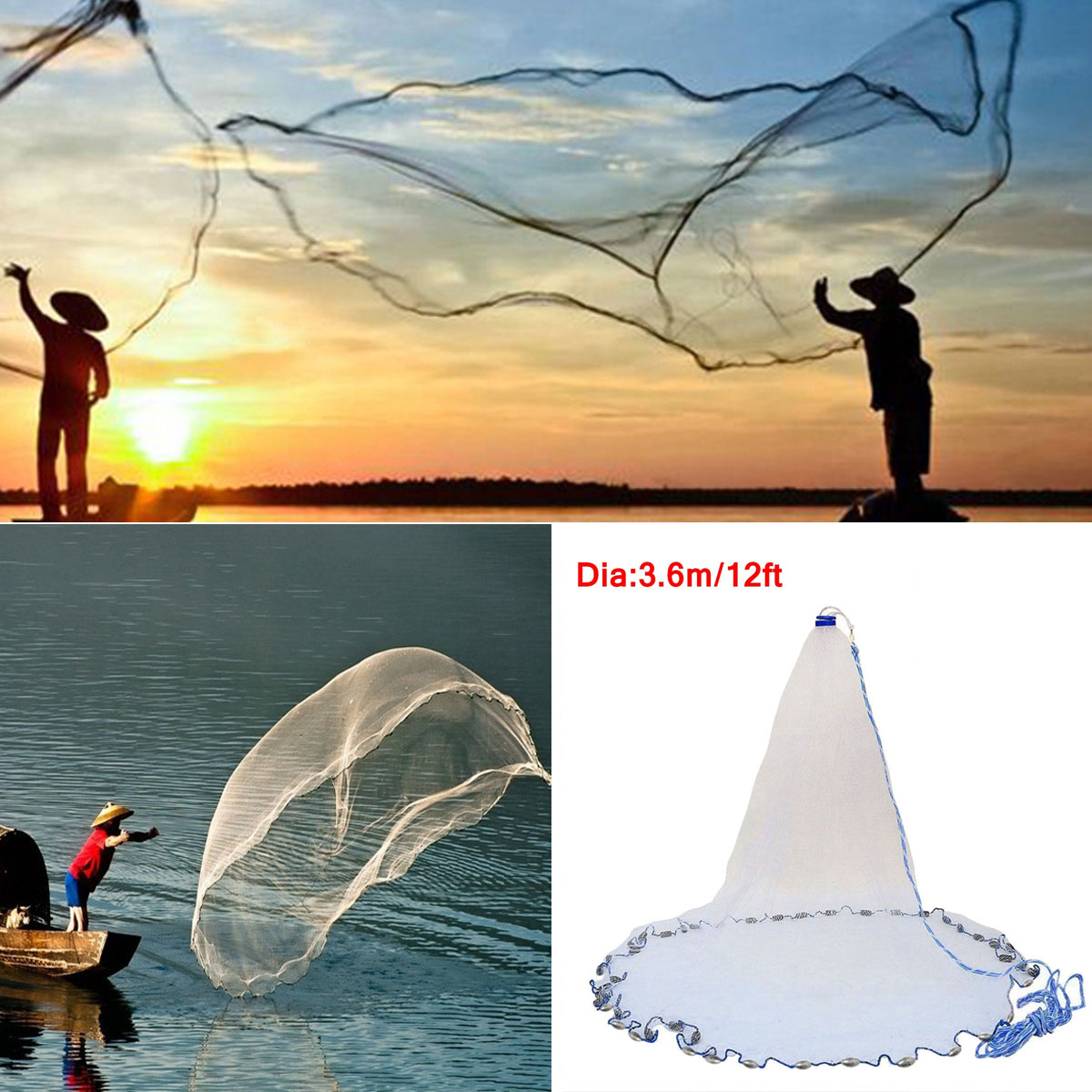 12ft x 16ft Fishing Cast Net - Nylon Monofilament Throw Net for Bait Trap  Fish