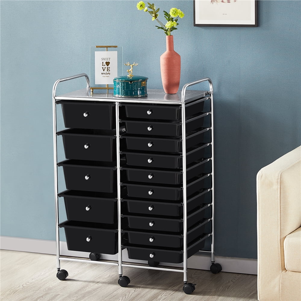 Yaheetech 15 Drawers Rolling Storage Cart Bin Organizer Metal Frame Plastic Drawers, Black