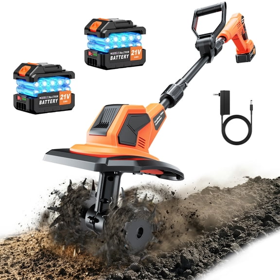 Tanbaby Electric Tiller Cultivator, Garden Rototiller with 2x4.0AH Battery, 21V 550W Brushless Motor, 9-Inch Width, 6.7-Inch Depth, 4 Steel Blades Garden Tiller for Soil Cultivation