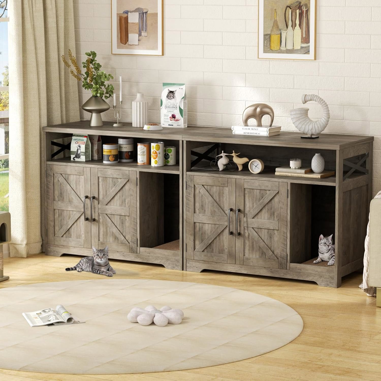 VEANERWOOD Cat Litter Box Enclosure with Cat Scratch Pad,Hidden Cat Washroom Furniture with Entry Open Compartment,Gray