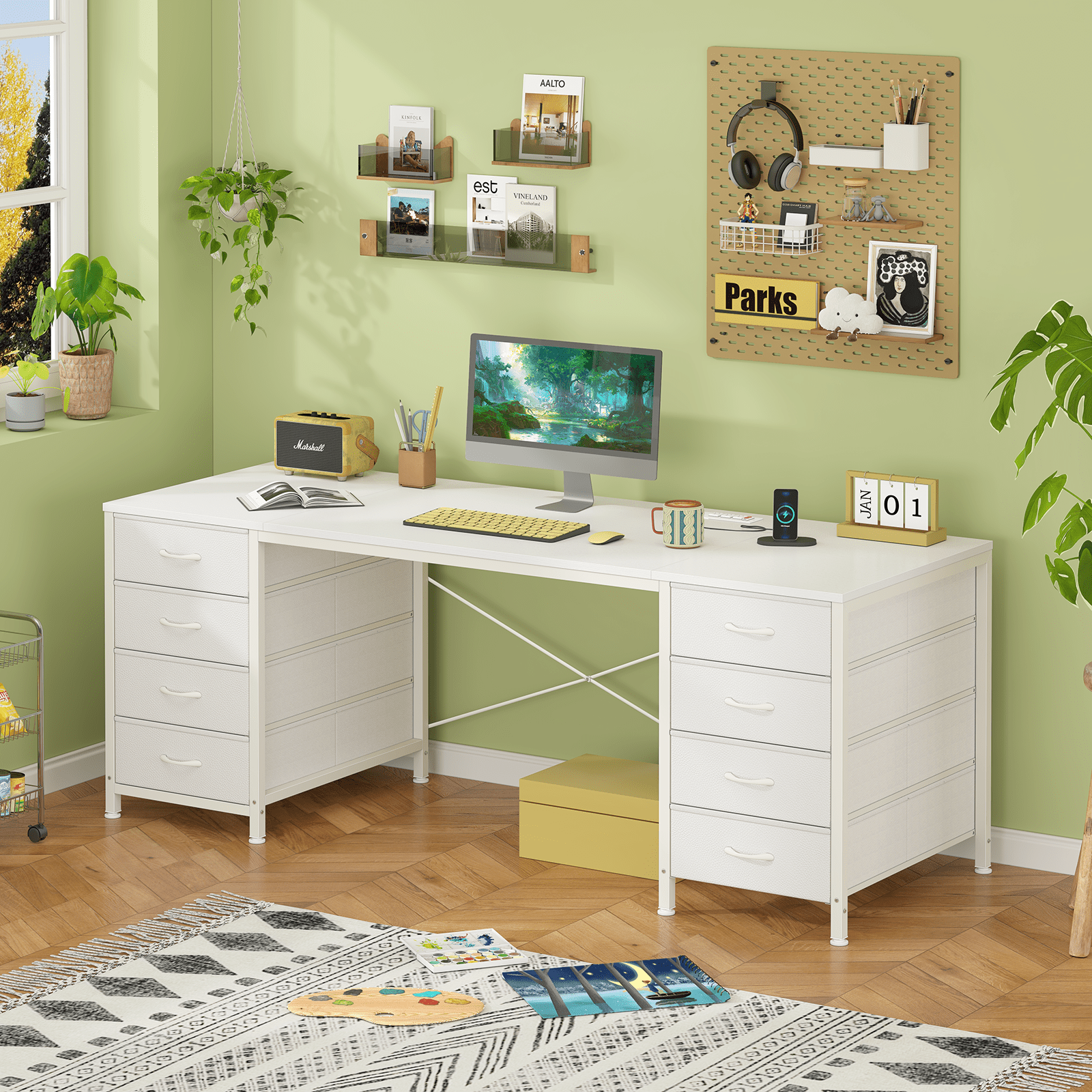 60 Inch Computer Desk with 8 Drawers, Home Office Desk with Power Outlets, Work Study Gaming Desk with 8 Fabric Drawers, White