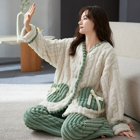 

QWZNDZGR Winter Flannel Elegant Women Cartoon Sleepwear Girls Pajamas Pajama Sets Nightwear Coral Fleece Pijamas Mujer Homewear Fashion