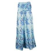 Mogul Womens Long Skirts Blue Smocked Waist Vintage Silk Sari Divided Maxi Skirts