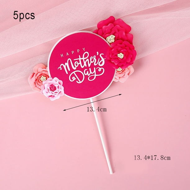 5pcs Happy Mother's Day Cake Toppers Pink Heart Flower Decoration Mothers Day Gift Birthday Party Cake Dessert Decor Supplies Gao Jinjia LED