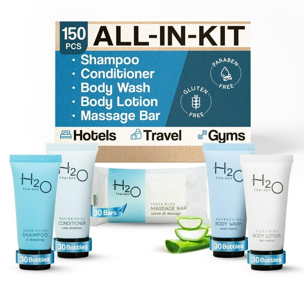 Juego a granel de jabones y artículos de tocador para hotel H2O Therapy | Kit de amenidades para 1 tienda | Champú y acondicionador de 0,85 oz, loción de baño corporal, jabón en barra de 1 oz | Tamaño
