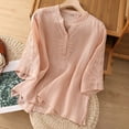 thumbnail image 2 of MIXUE Womens Summer Tops Linen Solid Color Embroidery V Neck Short Sleeve Loose T-shirts Sportwear,Pink,XXXL, 2 of 9