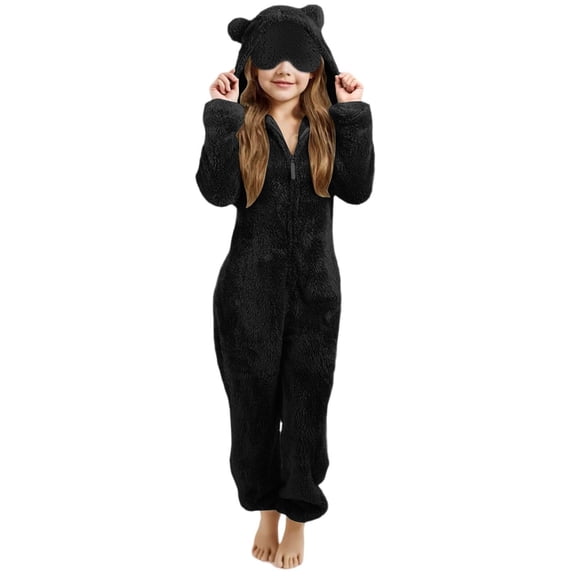 Ruyang Girls Fleece Jumpsuit with Eye Patch Kids Cute Bear Hooded Fuzzy Onesie Fall Winter Zip Up Plain Sherpa Outfits