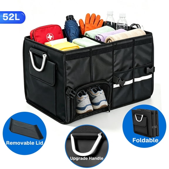 BN-LINK Car Trunk Organizer,52L Foldable Trunk Organizer, Aluminium Alloy Handle Car Storage Organization for Car,SUV, Truck, Black