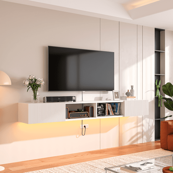 FloatiCasa 55-inch Floating TV Stand Wall-Mounted Entertainment Center with 2 Doors, Modern Media Console with Vertical Groove Design for Living Room and Bedroom, for TVs up to 60"
