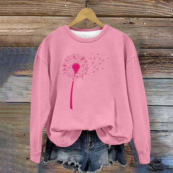 Qulqfy Womens Pink Ribbon Sweatshirts Long Sleeve Crew Neck BCAD Shirts Women's Breast Cancer Awareness Tops L
